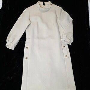 Vintage R&K Knits Cream Mock Neck Mod Dress Gold Buttons Union Made Size 10 GUC